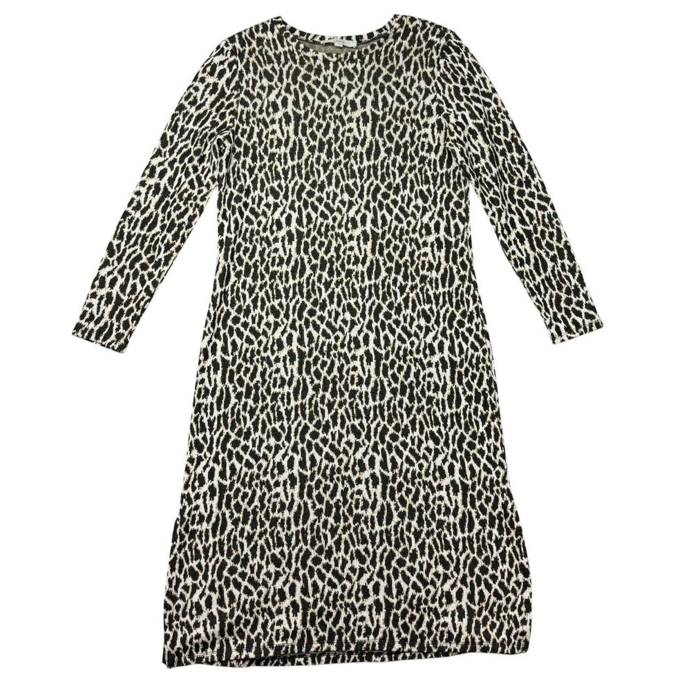 LOFT Dress Women's Large Tan Midi Animal Print Long Sleeve Stretch Scoop Neck